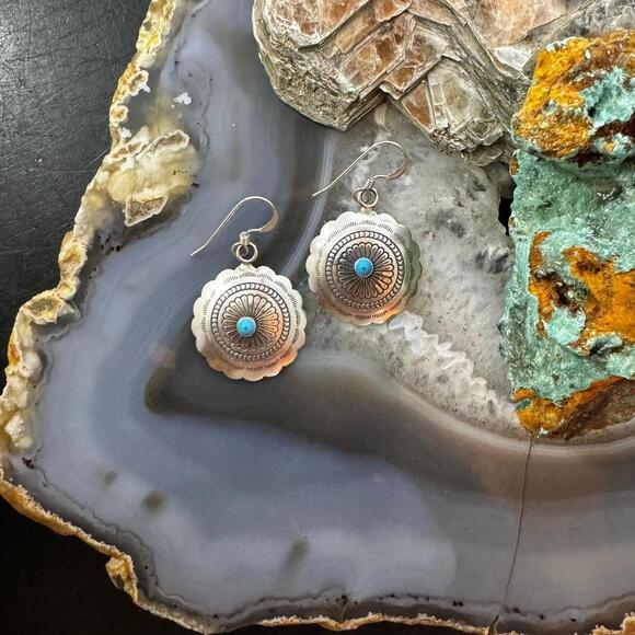 Native American Sterling Turquoise Dot Flower Concho Dangle Earrings For Women - Picture 5 of 10